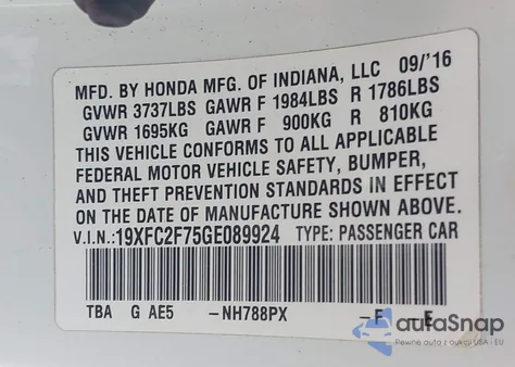 2016 Honda Civic Ex из США, поврежденный, VIN 19XFC2F75GE089924